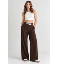 Kadın Beli Lastikli Rahat Kesim Çizgili Pileli Geniş Paça Pantolon - Acı Kahve