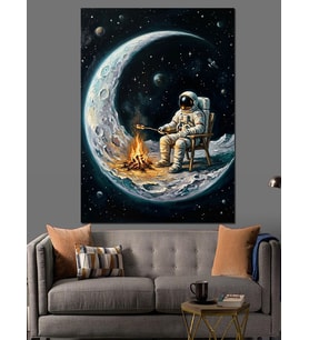 Ay Üzerinde Ateş Yakan Astronot Dekoratif Kanvas - Mdf Ahşap Tablo