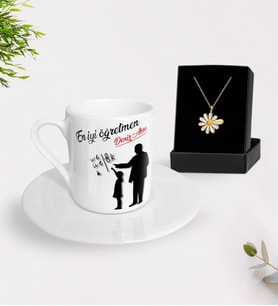 BK Gift Kişiye Özel Öğretmenler Günü Türk Kahvesi Fincanı ve İsimli Papatya Kolye Hediye Seti- 6, Öğretmene Hediye, Öğretmenler Günü