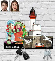 Kişiye Özel Karikatür Baskılı Ahşap Manzara Konseptli Anahtarlık Sevgili-7 25x15 cm