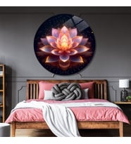 Yuvarlak Temperli Gerçek Cam Tablo Işıltılı Lotus Çiçeği