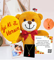 Sevgiliye Hediye Kişiye Özel İyi Ki Varsın Peluş Ayıcık & Gold Rose Gül Kolye