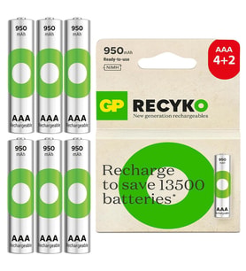 GP Batteries ReCyko 950mAh AAA İnce Kalem 6 Adet Ni-Mh Şarjlı Pil 1.2 Volt (Siyah)