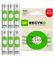 GP Batteries ReCyko 950mAh AAA İnce Kalem 6 Adet Ni-Mh Şarjlı Pil 1.2 Volt (Siyah)