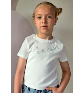 Breeze Kız Çocuk Crop Tişört Taşlı Fiyonk Baskılı 7-12 Yaş, Ekru