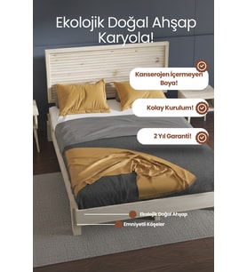 Ebruli̇ Model Yatay Başlıklı Masif Ahşap Karyola Kolay Kurulum Fırınlanmış İthal Sibirya Çamı 100x200 Yatak Uyumlu