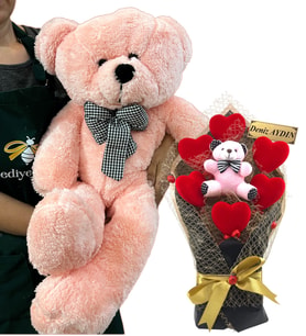Kişiye Özel İsimli Kırmızı Kalpli Pembe Ayıcık Buketi ve Büyük Boy Pembe Peluş 80cm Ayıcık