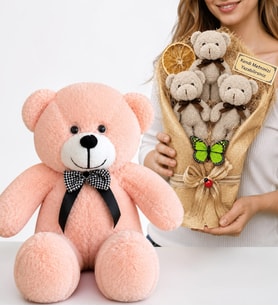 Kişiye Özel Yazılı Gri Büyük Boy Peluş Ayıcık Buketi ve 50 cm Pembe Peluş Ayıcık Hediye Seti