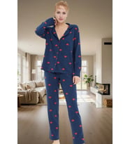 Kışlık %100 Pamuklu Pijama Takımı Kalpli Desenli Rahat Profesyonel Görünüm Ve Şık (Lacivert)