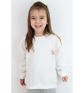 Breeze Kız Çocuk Sweatshirt Waffle Dokulu Kalpli Ponponlu Arma Detaylı 5-9 Yaş, Ekru