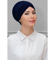 Lacivert Pratik Hazır Geçmeli Tesettür Bone Sandy Kumaş Üç Çapraz 1803_02
