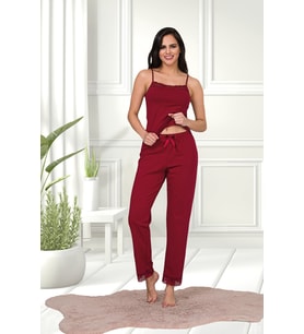 Bordo Renkli Pamuklu Likralı Askılı Dantel Detaylı Pijama Takımı 28450