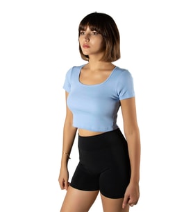 Kadın Mavi Havuz Yaka Fitted/vücuda Oturan Kısa Kol Crop Tişört 23K-TRP-CRP04