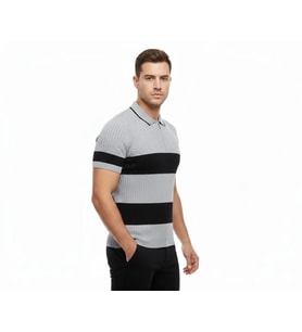 Erkek T-shirt Çizgili Triko Dokuma Kumaş Polo Yaka Yarım Fermuarlı Regular Kalıp Tişört - Gri