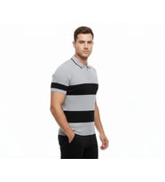 Erkek T-shirt Çizgili Triko Dokuma Kumaş Polo Yaka Yarım Fermuarlı Regular Kalıp Tişört - Gri