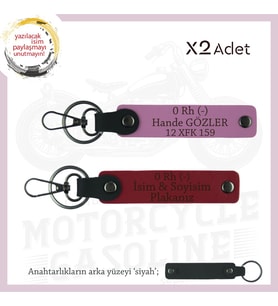 Motosiklet Aşıkları İçin, İsim Plaka ve 0 Rh (-) Kan Grubu Yazılı 2'li Anahtarlık, Kırmızı-Pembe-Syh (Çok Renkli)