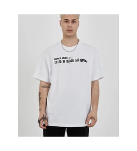 Unisex Bisiklet Yaka Baskılı Oversize T-Shirt - Beyaz