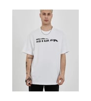 Unisex Bisiklet Yaka Baskılı Oversize T-Shirt - Beyaz