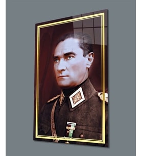 Atatürk Portre Üniformalı Cam Tablo Hediyelik Büyük Tablo Ev Ofis Dekoru