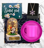 Kişiye Özel Led Işıklı Pandalı Fanus, Pembe Kahve Fincanı ve Lotus Kolye Hediye Seti