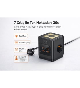 3680W 3’lü Çoklu Priz 2 USB 2 Type-C Gece Işıklı Masaüstü Küp Priz Şarj İstasyonu (Siyah)