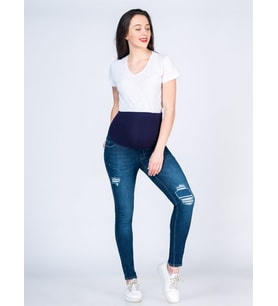 Hamile Kot Pantolon Çizgi Yırtık Model Mavi
