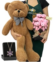 Kişiye Özel 7'li Peluş Ayıcık Buketi, Gerçek Ametist Taşlı Lotus Kolye ve Kahverengi Ayıcık (Model 2)