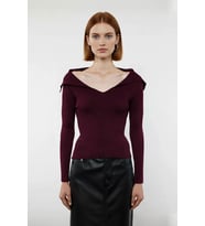 Kadın Şık Devrik Yaka Fitilli Triko Üst Fitted Kesim Uzun Kol Crop Model İlkbahar Sonbahar