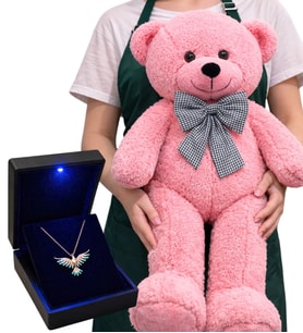 Büyük Boy 80 cm Pembe Peluş Ayıcık ve 925 Ayar Gümüş Renkli Taşlı Zümrüdü Anka Kuşu Kolye Hediye Seti