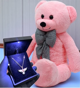 Büyük Boy Peluş Ayıcık ve Işıklı Kutuda 925 Ayar Gümüş Zümrüdü Anka Kuşu Kolye - Premium Hediye Seti (Model 1)