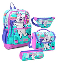 Coral High Kız Çocuk Turkuaz Pembe Dondurmalı Kedi Desenli İlkokul Okul Çanta Seti ve Bel Çantası (Çok Renkli)