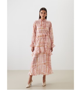 LCW Modest Pembe Bağlamalı Yaka Ekose Fırfırlı Elbise
