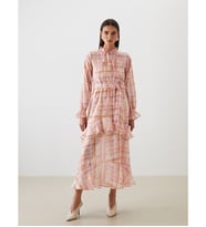 LCW Modest Pembe Bağlamalı Yaka Ekose Fırfırlı Elbise