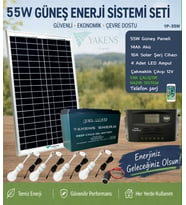 55W Güneş Enerji Sistemi Seti – 14Ah Jel Akü + 10A Şarj Kontrol Cihazı + 4 LED Ampul + Araç Çakmaklık Çıkışı Telefon Şarjlı Taşınabilir Solar Aydınlatma Paketi