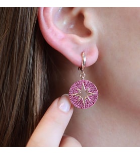 Fuşya Zirkon Taşlı Kutup Yıldızı Yuvarlak Rose Gold Kaplama Gümüş Küpe