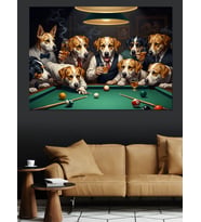 Bilardo Oynayan Sevimli Köpekler Grubu Dekoratif Kanvas - Mdf Ahşap Tablo