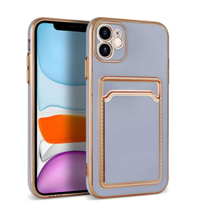 iPhone 12 Kılıf Kartlıklı Kamera Korumalı Altın Kenar Tasarım Silikon (Lila)