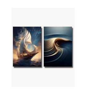 Çerçevesiz Poster 2'li Set  Yelkenli Gemi ve Soyut Sarı Dalga Posteri  Modern Dekorasyon