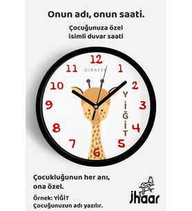 İsme Özel Sevimli Zürafa Çocuk Odası Duvar Saati Orta Boy 30 cm Siyah Camlı Sessiz