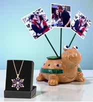 Kişiye Özel Hediye Seti 3 Fotoğraflı Sevimli Kaplumbağa ve Gerçek Ametist Taşlı Lotus Kolye (Model 1)