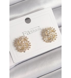 Pirinç Gold Renk Zirkon Taşlı Yonca Model Kadın Küpe - TJ-BKP9792