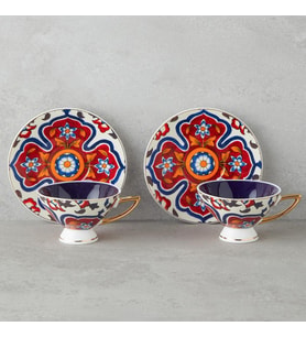 BK Gift Willow New Bone China 4 Parça 2 Kişilik Kahve Fincan Takımı 90 ml Renkli – Şık ve Zarif Fincan Seti