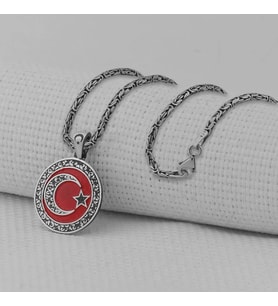 Gravur İşlemeliOrta Boy Ay Yıldız 925 Ayar Gümüş Erkek Kolye
