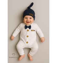 BABYDEN'S Minik Patron Erkek Bebek Düğmeli Tulum ve Bere Seti – Papyonlu,Manşetli Paça, %100 Pamuk Bebek Tulum (Lacivert)