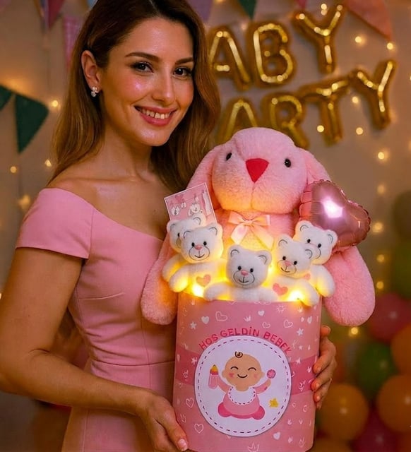Hoşgeldin Bebek Temalı, Uyku Arkadaşı Tavşan ile  LED Işıklı Yumoş Peluş Ayıcık Buketi, Yenidoğan-Babyshower ÖZEL