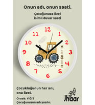 İsme Özel Traktör Çocuk Odası Duvar Saati Orta Boy 30 cm Beyaz Camlı Sessiz