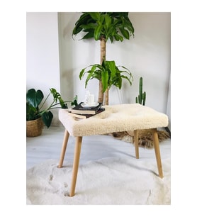 Gürgen Retro Ahşap Ayaklı Krem Pofidik Puf Bench