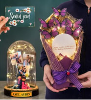 Kişiye Özel Muhteşem Hediye Seti Led Işıklı Fanus ve Led Işıklı Aynalı Kelebek Buketi (Model 8)