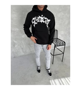 Unisex Üç İplik Kapşonlu Baskılı SweatShirt - Siyah