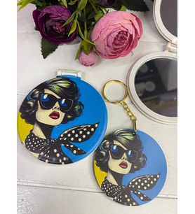 Kadın Pop Art Desen  Ahşap Ayna Anahtarlık Hediye Seti (Mavi - Neon Yeşil - Sarı)